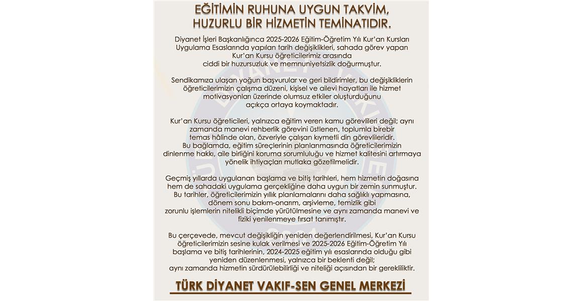 EĞİTİMİN RUHUNA UYGUN TAKVİM, HUZURLU BİR HİZMETİN TEMİNATIDIR.