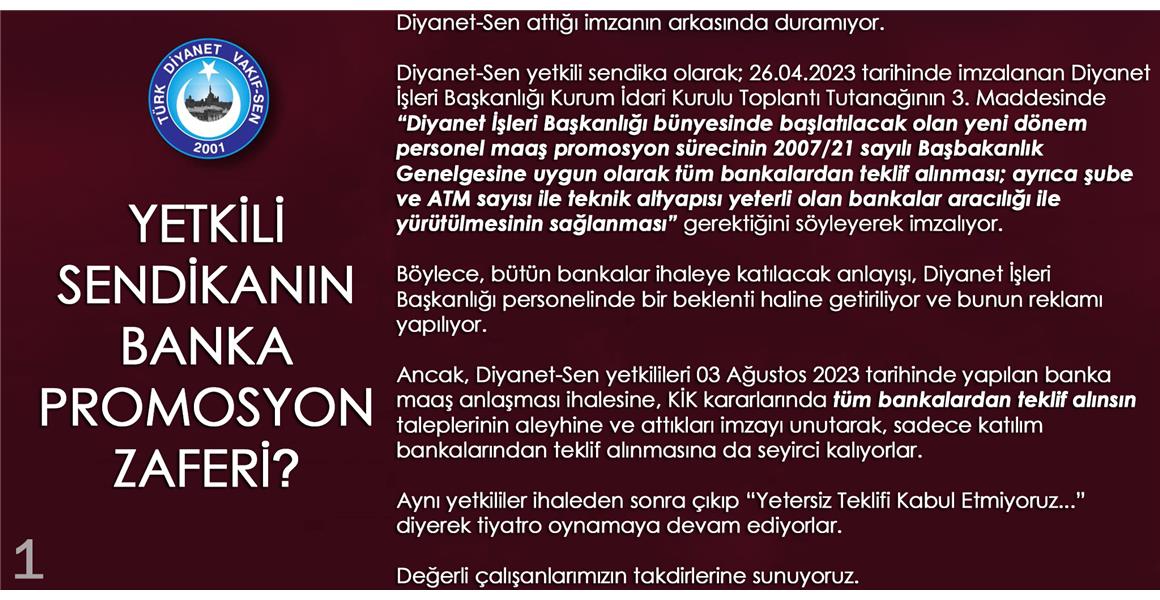 YETKİLİ SENDİKANIN BANKA PROMOSYON ZAFERİ?