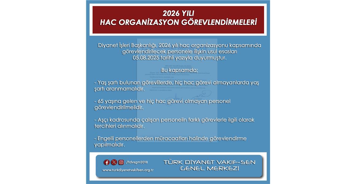 2026 YILI HAC ORGANİZASYON GÖREVLENDİRMELERİ
