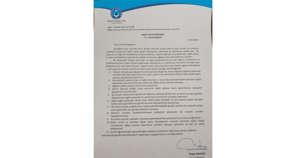 KONFEDERASYONUMUZDAN CUMHURBAŞKANIMIZA KORONAVİRÜS MEKTUBU