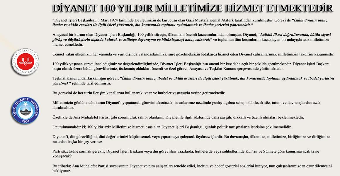DİYANET 100 YILDIR MİLLETİMİZE HİZMET ETMEKTEDİR