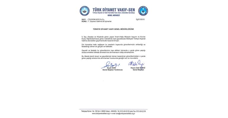 TÜRKİYE DİYANET VAKFI LOJMANLARININ DURUMU İLE İLGİLİ DİYANET İŞLERİ BAŞKANLIĞINA VE VAKFA SENDİKAMIZCA YAZI YAZILDI