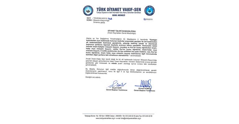 MÜEZZİN-KAYYIMLIĞA SINAVSIZ GEÇİŞ İÇİN DİYANET İŞLERİ BAŞKANLIĞINA YAZI YAZILDI