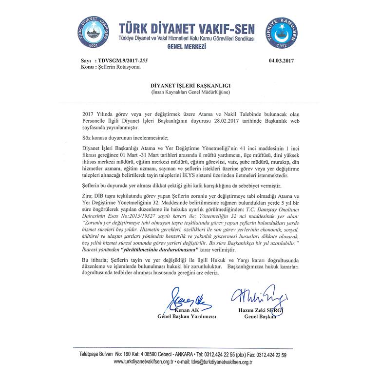 DİYANET İŞLERİ BAŞKANLIĞINA ŞEFLERİN ROTASYONA TABİ TUTULMAMASI İLE İLGİLİ YAZI GÖNDERİLDİ