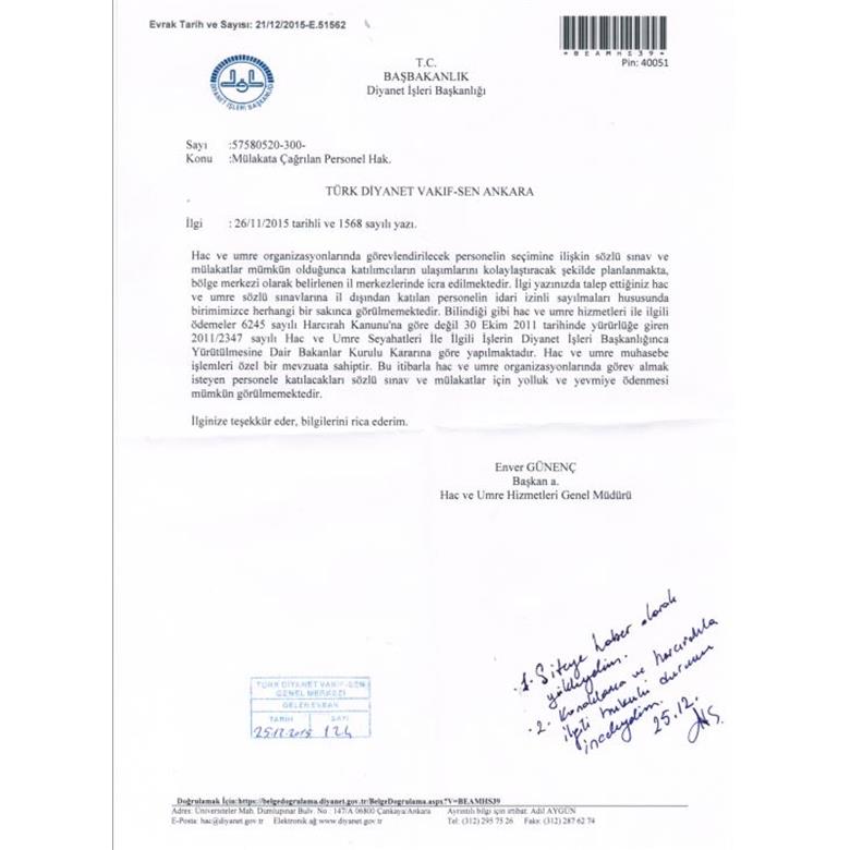 HAC VE UMRE HİZMETLERİ İLE İLGİLİ DİYANET`TEN ALINAN YAZI