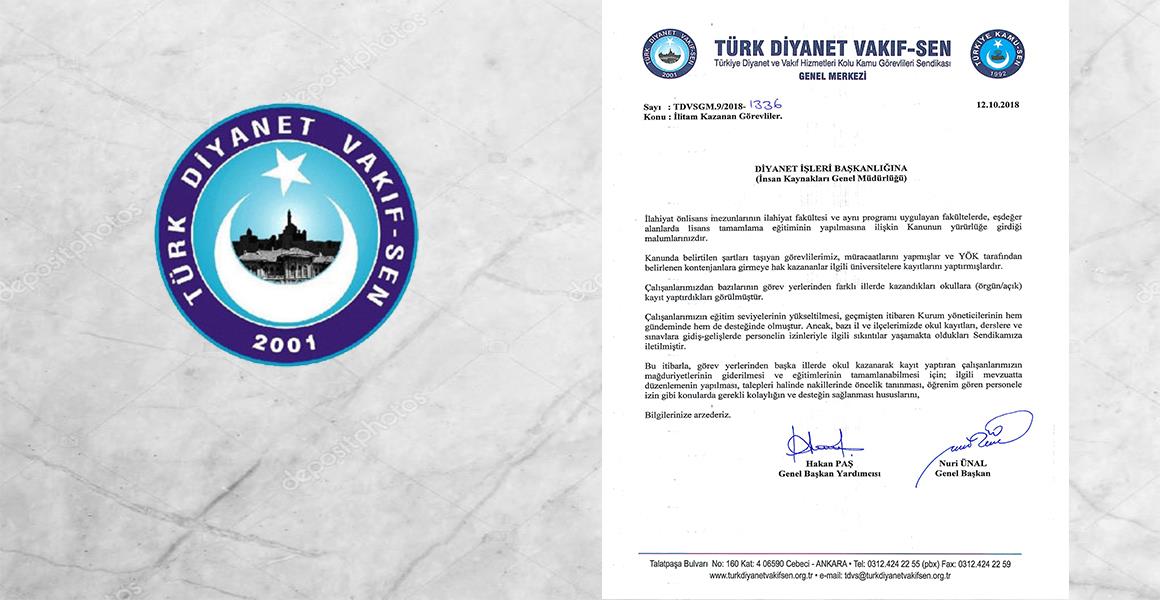 İLİTAM KAZANAN GÖREVLİLERLE İLGİLİ DİYANET İŞLERİ BAŞKANLIĞINA YAZI YAZILDI.